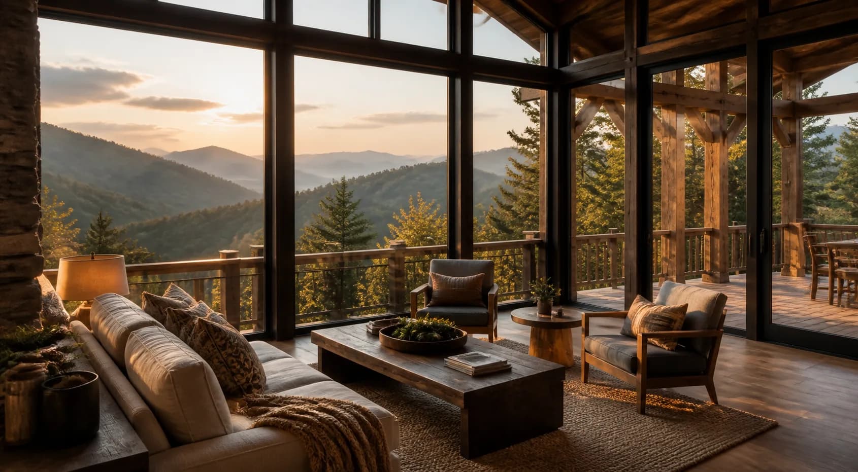 Mountain-view cabin interior