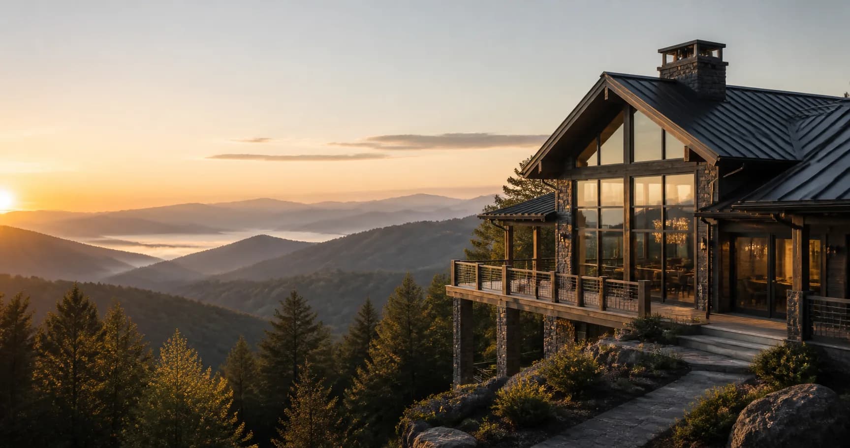 Contemporary mountain home overlooking the Smoky Mountains at sunrise